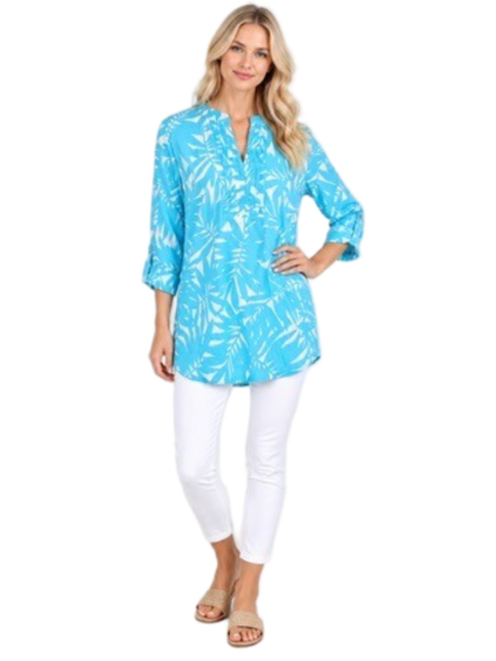Talbots Blue White Palm Print 100% Cotton Tunic Top Pintuck Boho Resort Size L